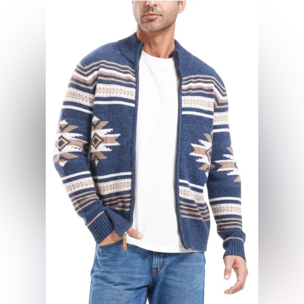 FRYE Men's Zip Mock Cardigan Southwestern Inspired Geometric Pattern Full Zip